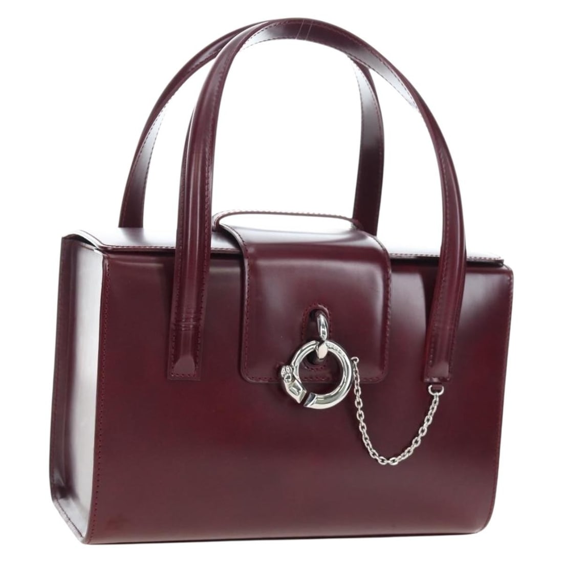 Cartier Panthere Leather Hand Bag Bordeaux Silver with Dust Bag Card: Cartier Panthere Leather Hand Bag Bordeaux Silver with Dust Bag Card Cartier Panthere handbag in bordeaux leather with silver-tone accents, made in France. This women's handbag includes a dust bag and