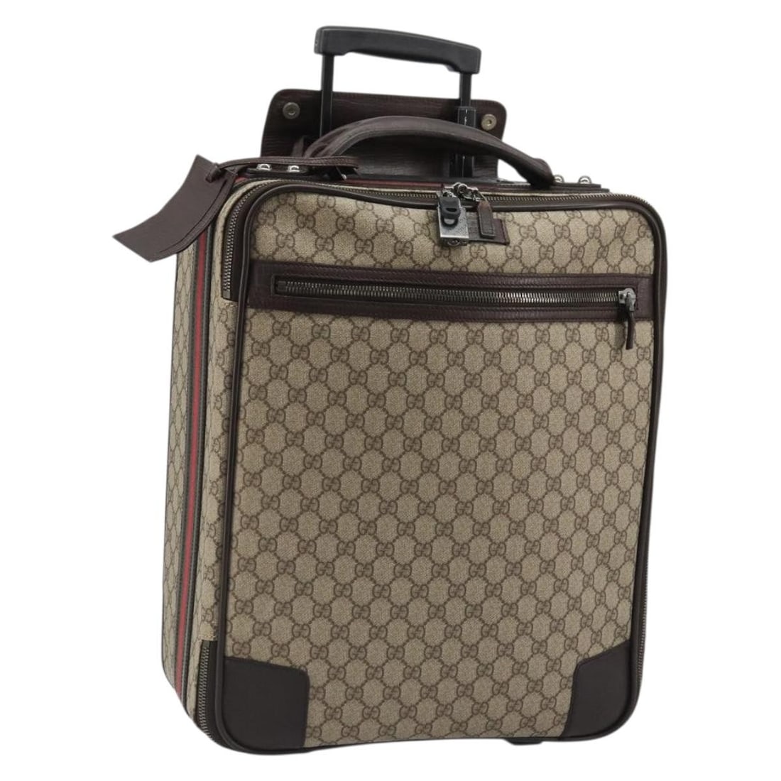 Gucci 131170 GG Supreme Sherry Line PVC suitcase beige silver: Gucci 131170 GG Supreme Sherry Line PVC suitcase beige silver Gucci GG Supreme Web Sherry Line carry case in beige and silver PVC leather with GG canvas trim. This authenticated suitcase-style case in