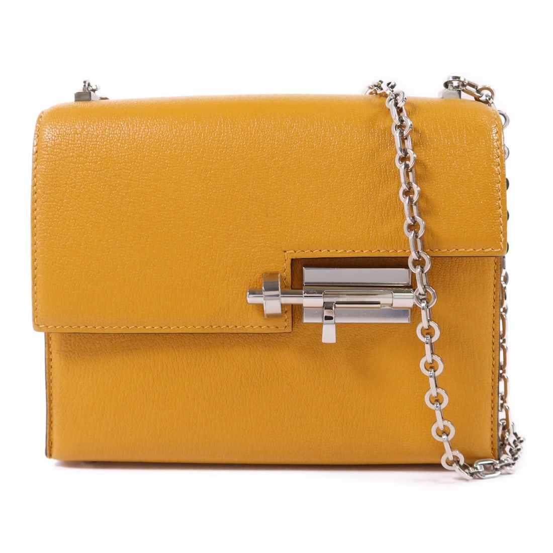 Hermes Verrou Mini Chain Shoulder Bag Chevre Jaune Ambre PHW: Hermes Verrou Mini Chain Shoulder Bag Chevre Jaune Ambre PHW Hermes Verrou Mini chain shoulder bag in Jaune Ambre Chevre goatskin leather. This women's shoulder bag is made in France and features an e