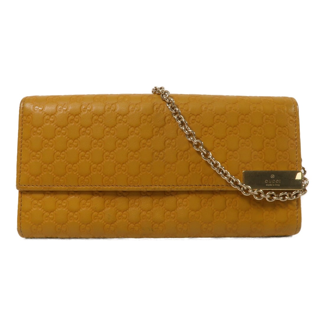 Gucci 269541 yellow calfskin chain wallet shoulder pouch: Gucci 269541 yellow calfskin chain wallet shoulder pouch A GUCCI GG GHW pouch long wallet chain shoulder bag in yellow calfskin leather. It features a hook button closure, an interior layout with two 