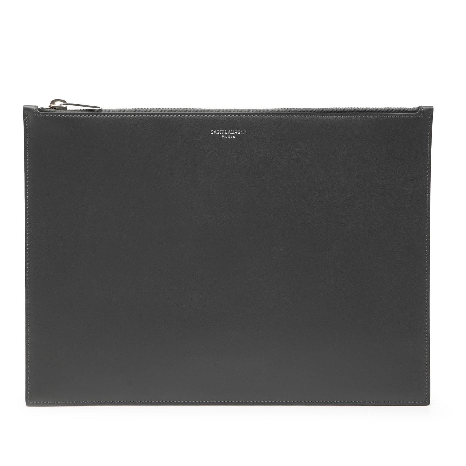Black Leather Clutch Bag with Top Zip by Saint Laurent: Black Leather Clutch Bag with Top Zip by Saint Laurent This Saint Laurent clutch features a black leather body with a top zip closure. The exterior back shows signs of wear, the front has loose stitch