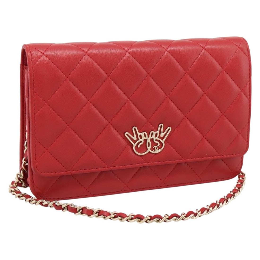 CHANEL Matelasse Lamb Skin Chain Wallet Shoulder Bag Red Gold: CHANEL Matelasse Lamb Skin Chain Wallet Shoulder Bag Red Gold Authentic CHANEL Matelasse chain wallet in red lamb skin with gold-tone CC detailing. This double-piece shoulder bag is made in Italy and 