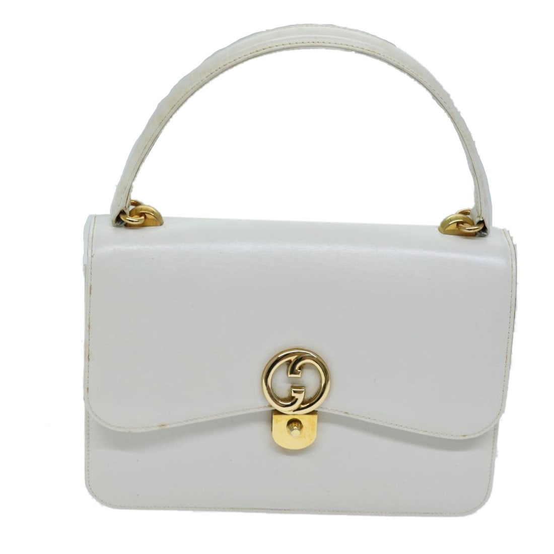 Gucci 1973 Leather Top Handle Flap Bag White: Gucci 1973 Leather Top Handle Flap Bag White Gucci 1973 Flap Top Handle handbag in white leather. This female model is made in Italy and measures 26 cm x 18 cm x 4 cm. It is described as being in fair