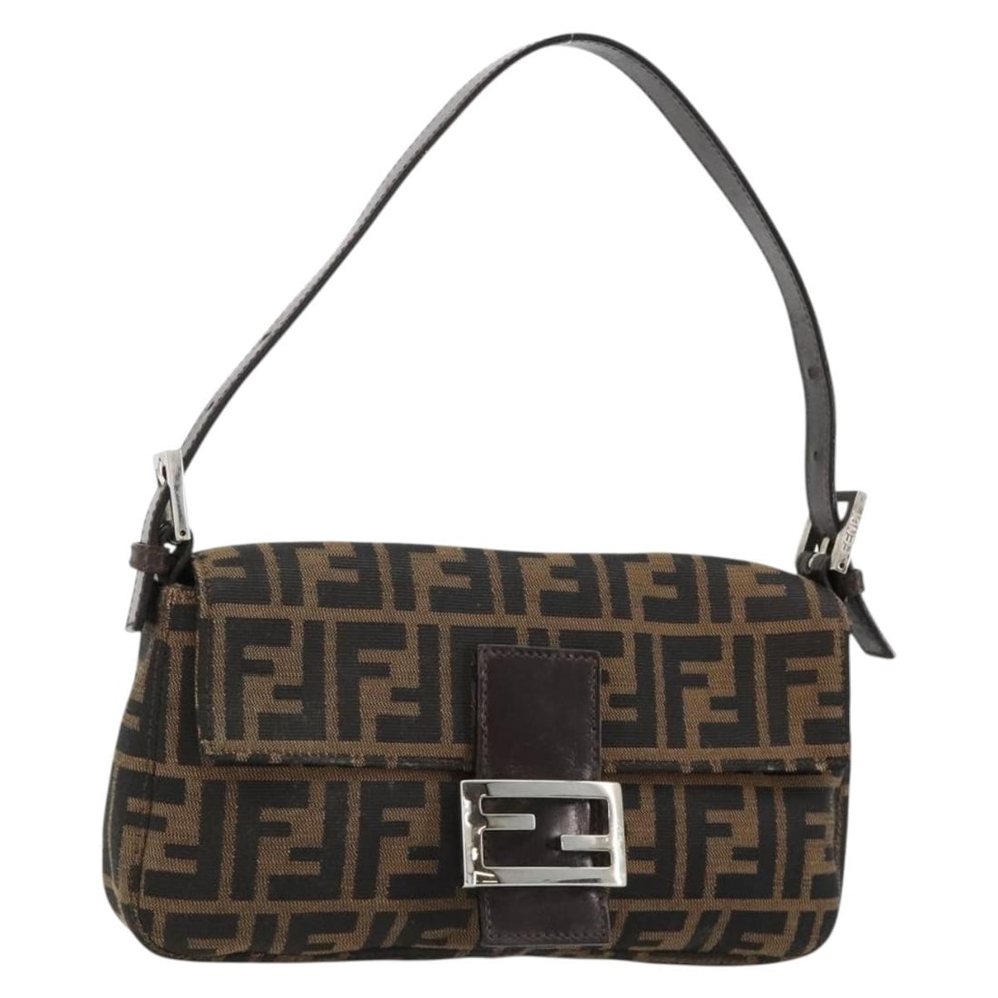 FENDI Mamma Baguette Shoulder Bag in Black Brown Zucca Canvas: FENDI Mamma Baguette Shoulder Bag in Black Brown Zucca Canvas Authentic Fendi Mamma Baguette shoulder bag in black and brown Zucca canvas. This women's bag is made in Italy and includes a dust bag. Co