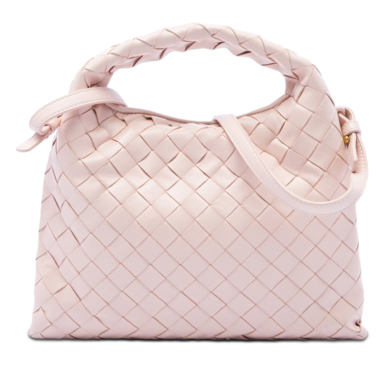 Bottega Veneta Intrecciato Mini Hop Leather Satchel Pink: Bottega Veneta Intrecciato Mini Hop Leather Satchel Pink Bottega Veneta Mini Calfskin Intrecciato Hop Satchel in pink leather, made in Italy. This bag features a woven leather body and handle, an adju