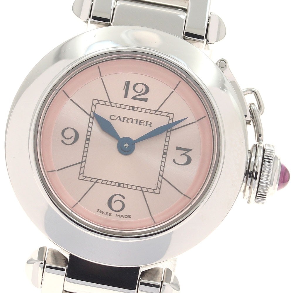 Cartier Miss Pasha W3140008 Ladies Quartz Wristwatch Pink Dial: Cartier Miss Pasha W3140008 Ladies Quartz Wristwatch Pink Dial Pre-owned Cartier Miss Pasha women's wristwatch with a quartz movement and pink dial. The stainless steel case and bracelet show minor sc