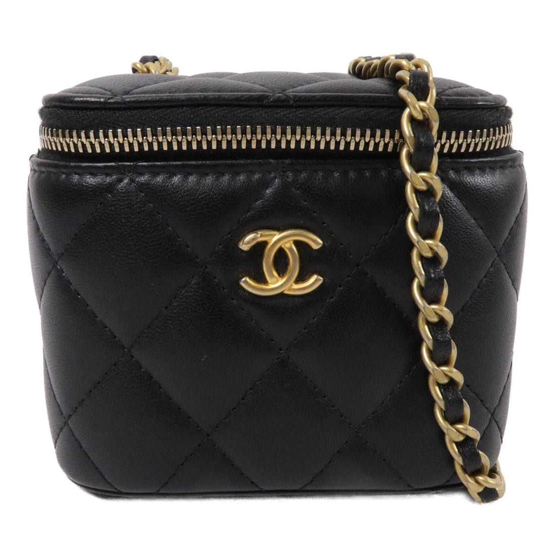 CHANEL AP1447 Mini Vanity Shoulder Bag Black Lambskin Gold Ball Chain: CHANEL AP1447 Mini Vanity Shoulder Bag Black Lambskin Gold Ball Chain Compact Chanel mini vanity case shoulder bag in black lambskin with CC detailing and a gold ball chain strap. This women's shoulde