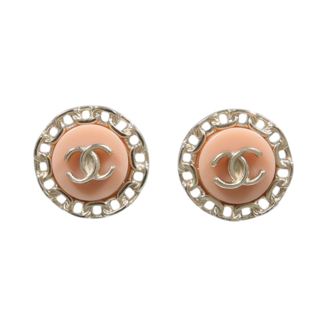 CHANEL A18 K CC Metal Earrings Pink Gold Tone with Box: CHANEL A18 K CC Metal Earrings Pink Gold Tone with Box CHANEL CC earrings in gold and pink metal with a 13 mm x 13 mm size. The item includes a storage box and is in AB Very Good condition. Date code 