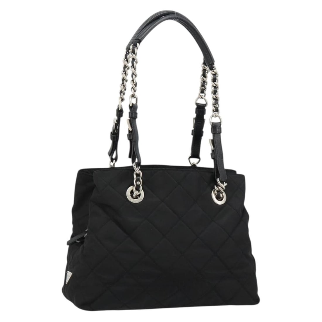 PRADA Nylon Shoulder Bag Black Silver with Dust Bag Card: PRADA Nylon Shoulder Bag Black Silver with Dust Bag Card Prada chain shoulder bag crafted in black nylon with silver-tone accents. This women's shoulder bag includes a dust bag and guarantee card. Con