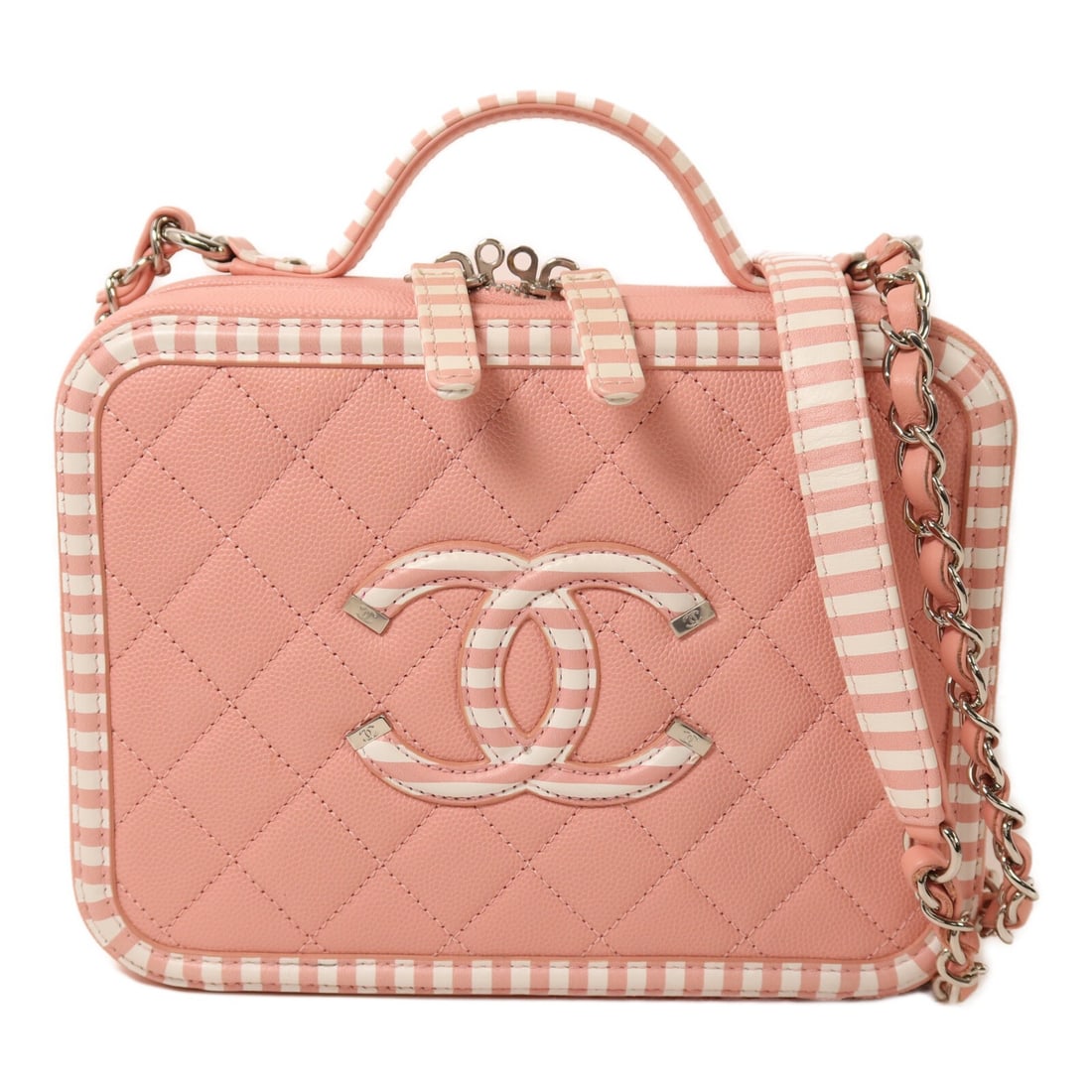CHANEL Vanity Case 2 Way Shoulder Bag Pink Calfskin CC SHW: CHANEL Vanity Case 2 Way Shoulder Bag Pink Calfskin CC SHW CHANEL CC SHW Vanity Case 2 Way Shoulder Bag in calfskin (cowhide) leather, presented in pink and white. It is a women's regular-size bag mad
