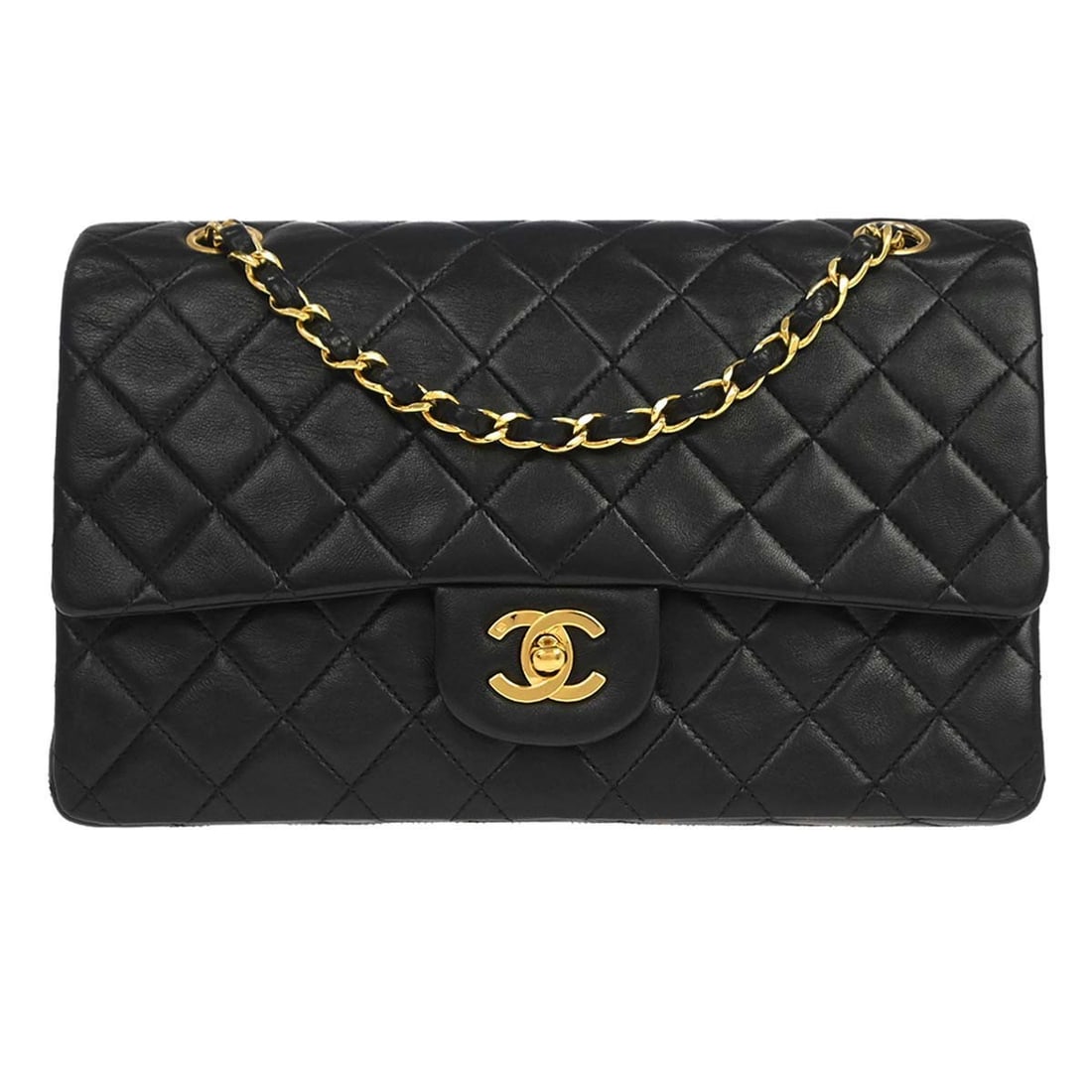CHANEL Classic Double Flap Medium Shoulder Bag Black Lambskin: CHANEL Classic Double Flap Medium Shoulder Bag Black Lambskin Chanel Medium Classic Double Flap shoulder bag in black lambskin leather with a turn-lock closure and shoulder strap. This women's bag fea