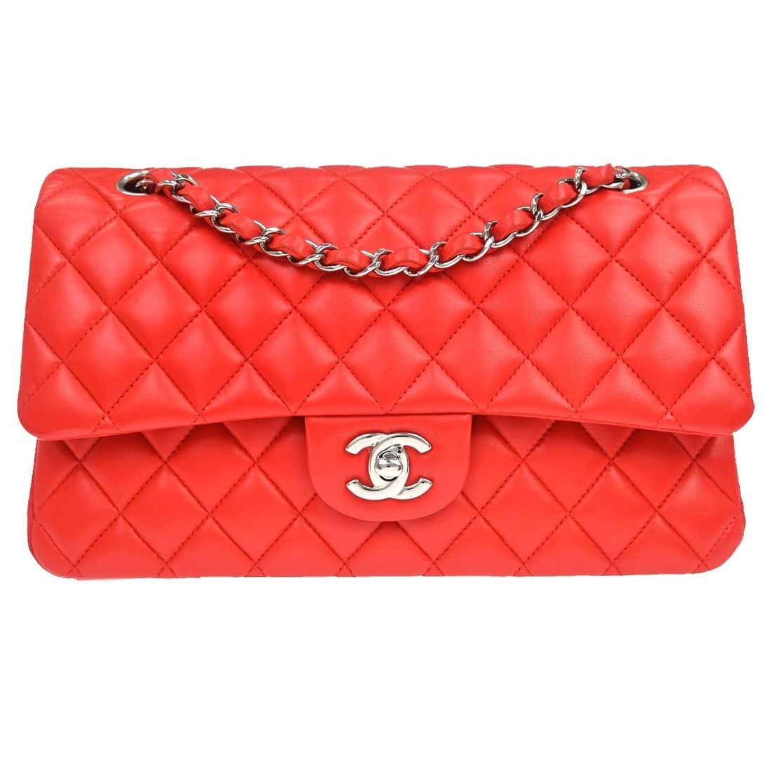 CHANEL Classic Double Flap Medium Red Lambskin Shoulder Bag: CHANEL Classic Double Flap Medium Red Lambskin Shoulder Bag Chanel Classic Double Flap shoulder bag in red lambskin leather. This medium bag features a turn-lock closure and shoulder strap styling. Th