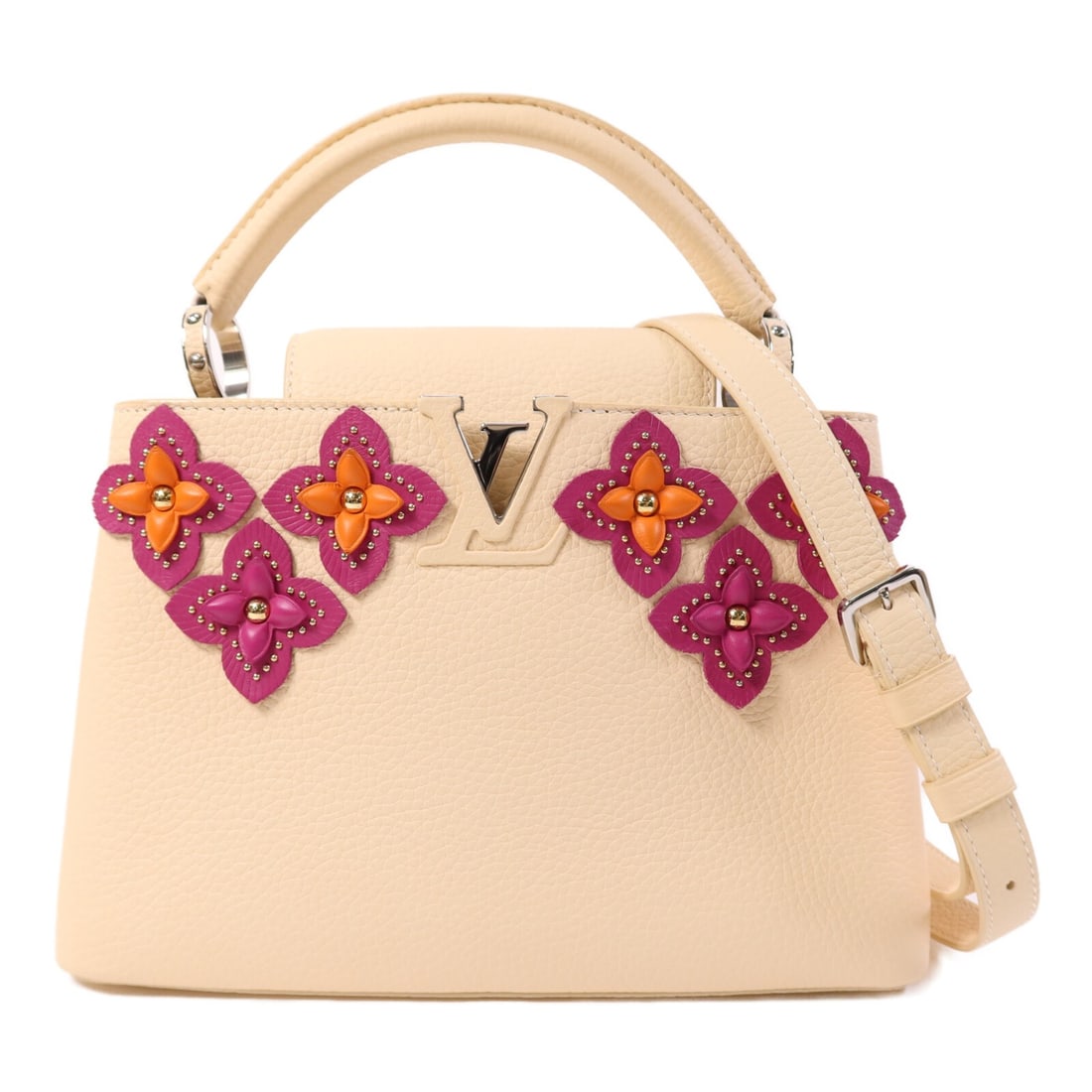 Louis Vuitton Capucines BB M53661 Beige Calfskin 2 Way Shoulder Bag: Louis Vuitton Capucines BB M53661 Beige Calfskin 2 Way Shoulder Bag Louis Vuitton Capucines BB 2-way shoulder bag in light beige Taurillon calfskin. This women's bag features a structured silhouette w