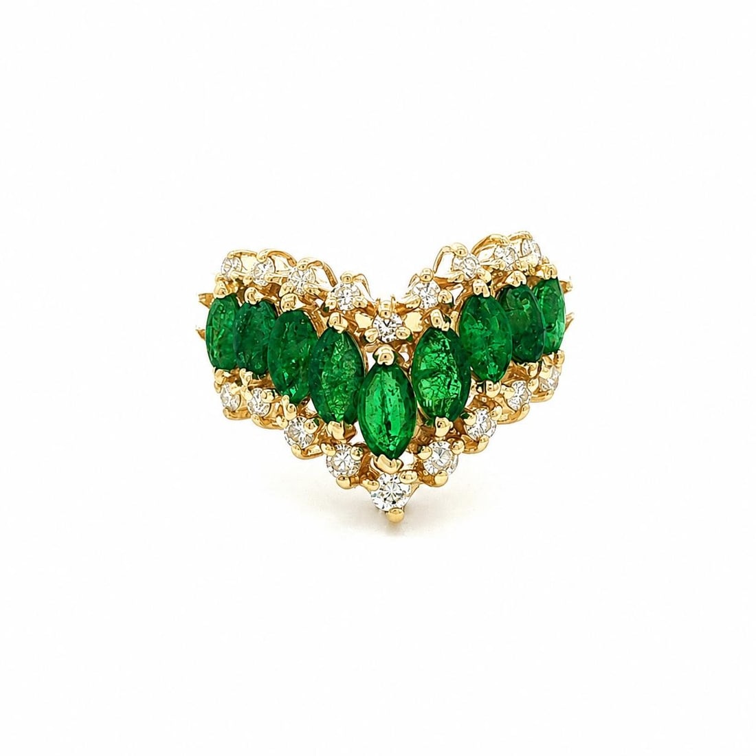 Unbranded 14k Yellow Gold Chevron Band Ring Emerald and Diamond 1.3ctw: Unbranded 14k Yellow Gold Chevron Band Ring Emerald and Diamond 1.3ctw Wide chevron V band ring crafted in solid 14k yellow gold and set with natural marquise-cut emeralds and round brilliant-cut diam