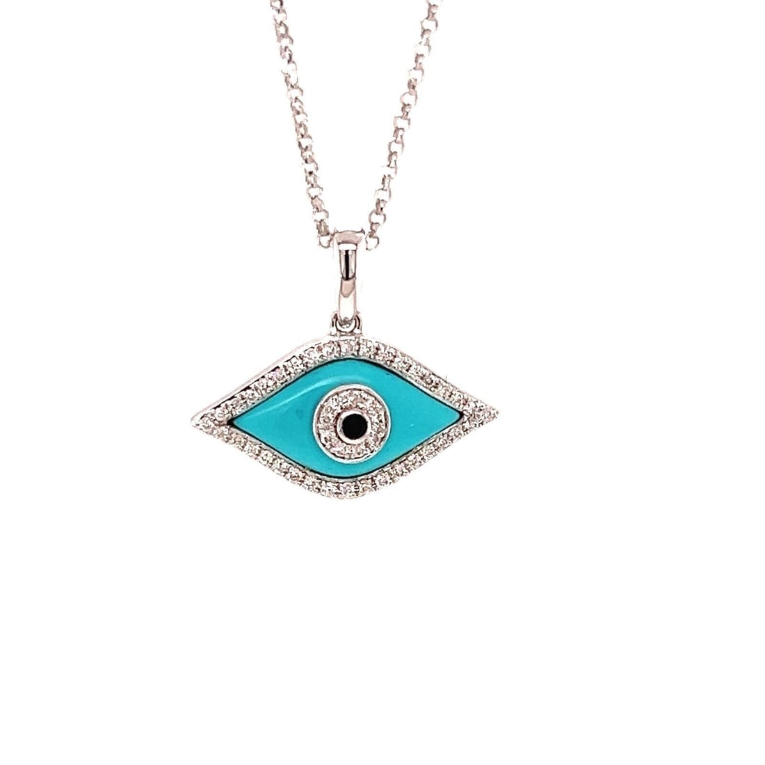 Unbranded Evil Eye Pendant Necklace 18k White Gold Turquoise Sapphire Diamond 16.5": Unbranded Evil Eye Pendant Necklace 18k White Gold Turquoise Sapphire Diamond 16.5" Pre-owned pendant necklace featuring an Evil Eye motif with a turquoise center and diamond and sapphire accents, cra