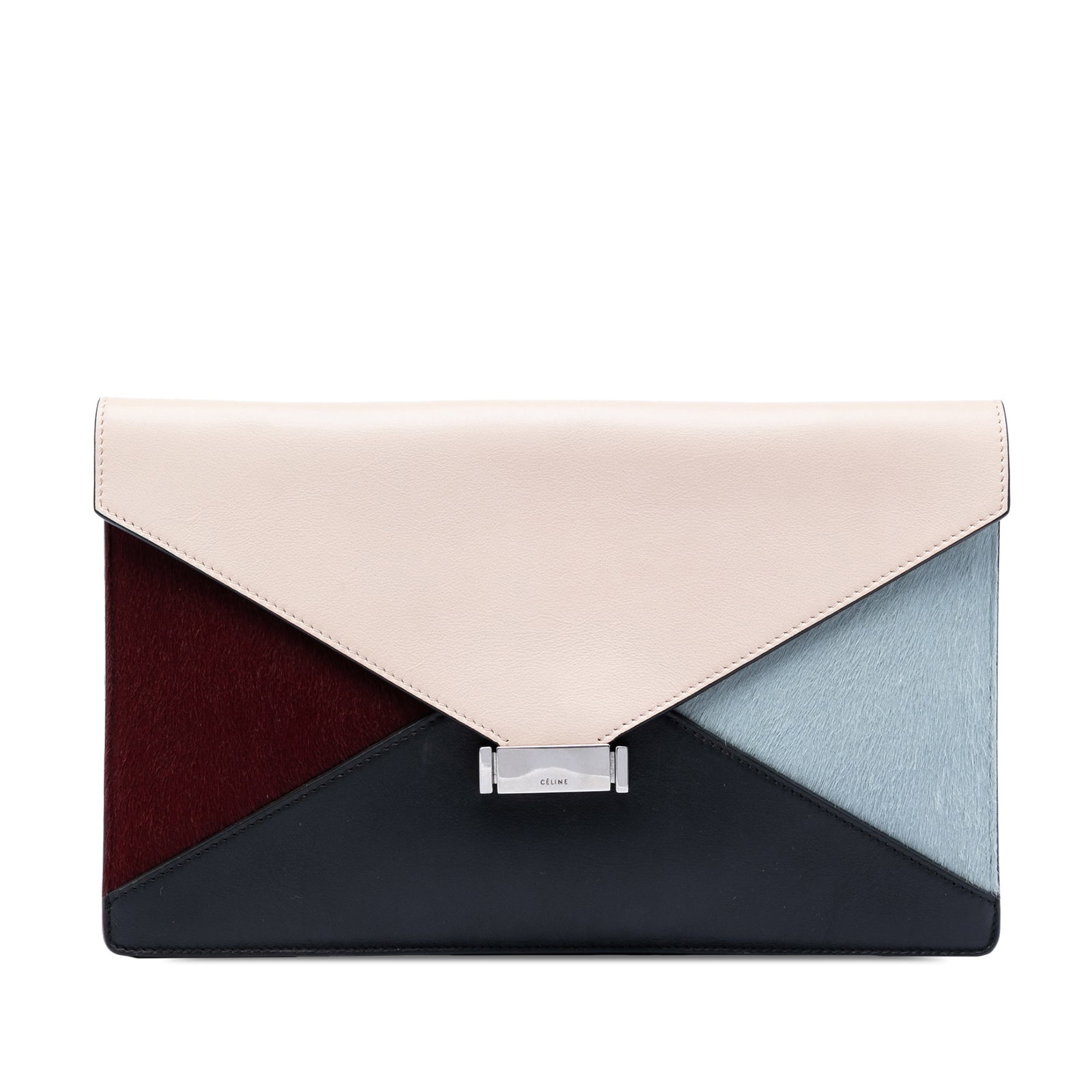 Celine Diamond Clutch Pink Calfskin and Pony Hair Bag: Celine Diamond Clutch Pink Calfskin and Pony Hair Bag Celine Diamond Clutch crafted with a calf leather and pony hair body. The design features a front flap with snap closure, along with interior zip 