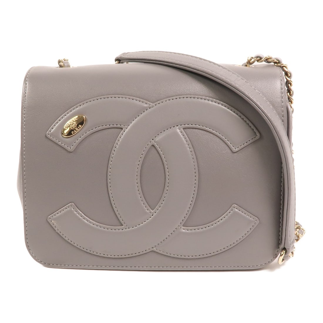CHANEL CC Mania Gray Calfskin Shoulder Bag Flap with Gold Chain: CHANEL CC Mania Gray Calfskin Shoulder Bag Flap with Gold Chain CHANEL shoulder bag in gray calfskin (cowhide) leather, featuring the CC Mania flap design and a golden cross shoulder strap. It is a wo