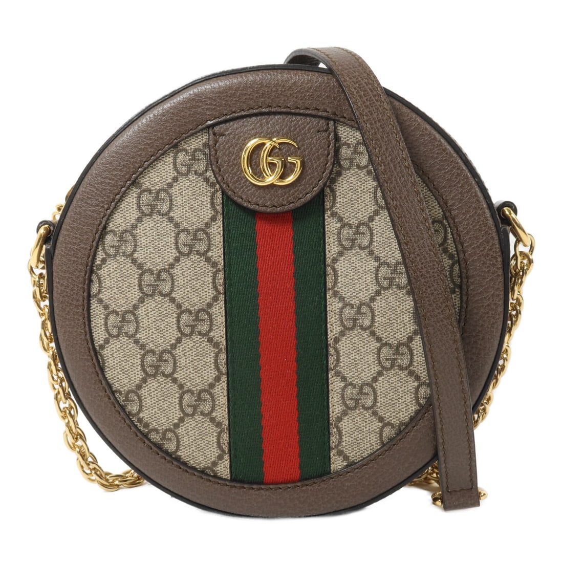 GUCCI Ophidia GG Mini Round Chain Shoulder Bag 550618 Brown: GUCCI Ophidia GG Mini Round Chain Shoulder Bag 550618 Brown Gucci Ophidia GG mini round chain shoulder bag in brown PVC coated canvas. This women's shoulder bag features the GG motif and chain shoulde