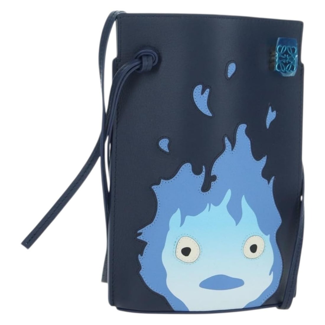 LOEWE Calcifer Leather Navy Shoulder Bag with Dust Bag: LOEWE Calcifer Leather Navy Shoulder Bag with Dust Bag This LOEWE x Ghibli Howl's Pebble Dice Pocket Calcifer shoulder bag is crafted from navy leather and features a compact, structured silhouette. D