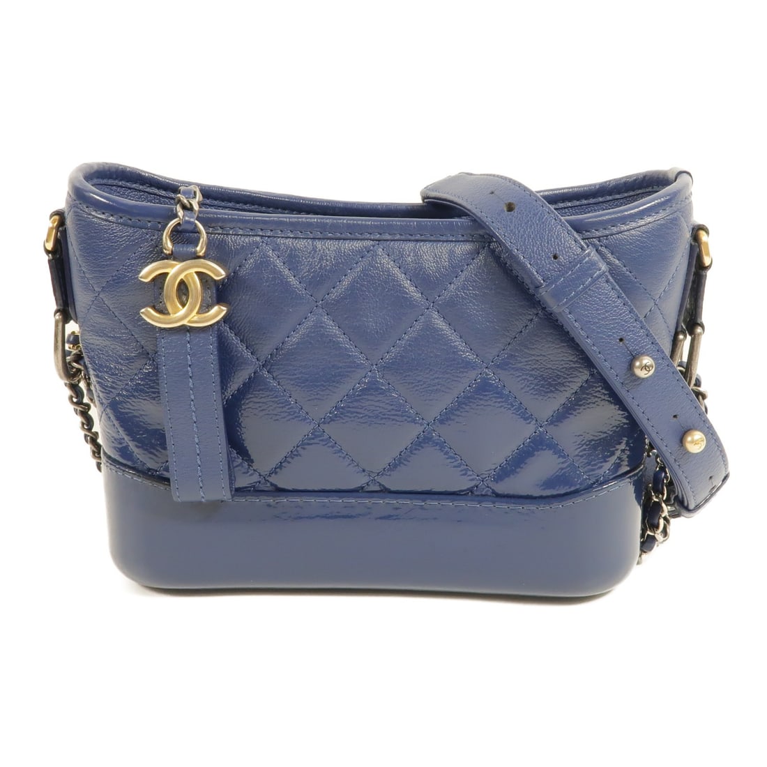 CHANEL Gabrielle Small Blue Calfskin Shoulder Bag with Chain GHW: CHANEL Gabrielle Small Blue Calfskin Shoulder Bag with Chain GHW Gabrielle Small chain shoulder bag in blue calfskin leather with CC GHW styling. This women's shoulder bag features an interior with on
