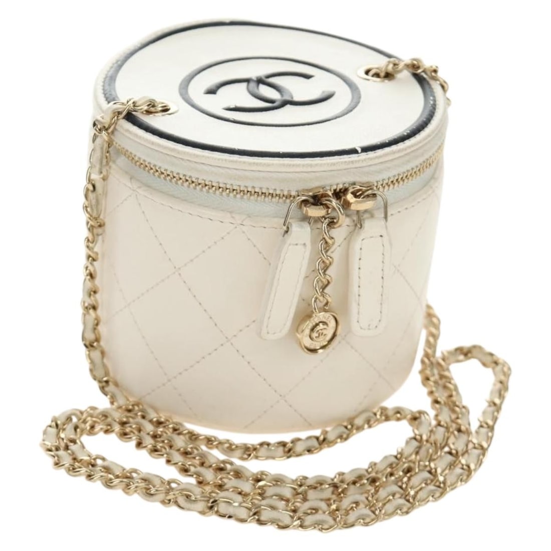 CHANEL Matelasse Lamb Skin Vanity Shoulder Bag White Gold CC: CHANEL Matelasse Lamb Skin Vanity Shoulder Bag White Gold CC Chanel Matelasse chain vanity bag in white lamb skin with gold-tone CC detailing. This women's shoulder bag is made in France and includes 