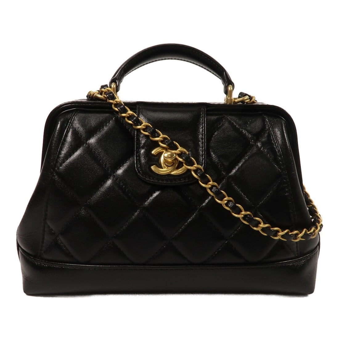 CHANEL AS4959 CC Doctor Bag Black Lambskin 2Way Chain Shoulder: CHANEL AS4959 CC Doctor Bag Black Lambskin 2Way Chain Shoulder CHANEL 2way shoulder doctor bag in black lambskin (sheep leather) with gold-tone hardware. The bag features a turn lock closure, one insi