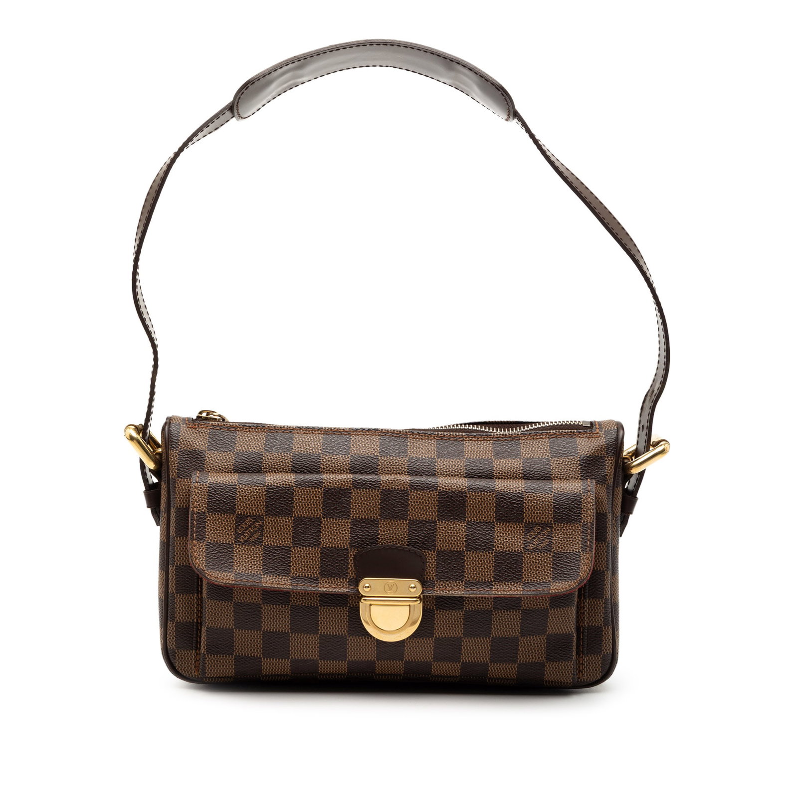 Louis Vuitton Ravello GM Shoulder Bag in Damier Ebene Canvas: Louis Vuitton Ravello GM Shoulder Bag in Damier Ebene Canvas The Louis Vuitton Damier Ebene Ravello GM is crafted with a signature damier canvas body, complemented by leather trim and a flat leather s