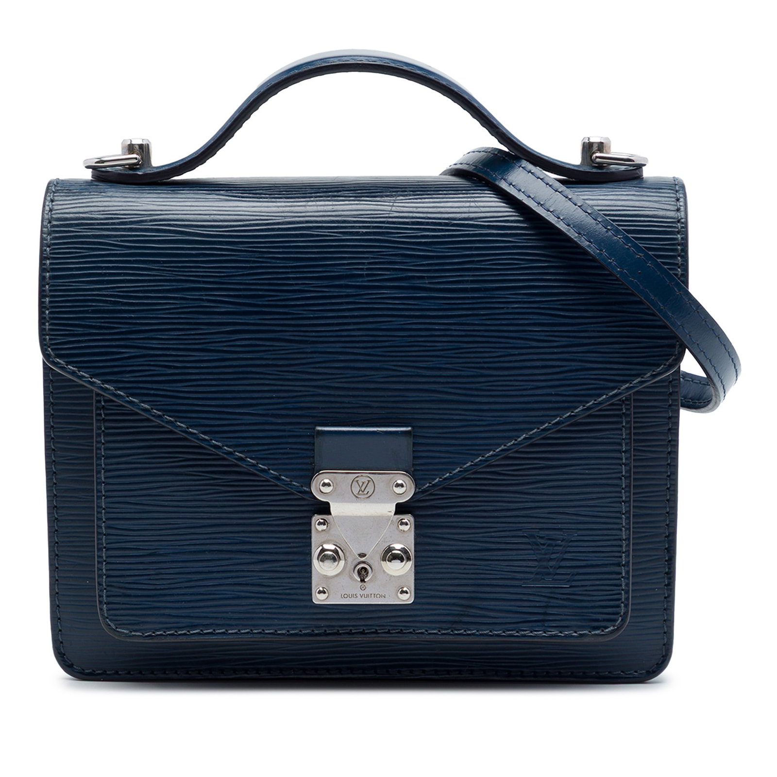 Louis Vuitton Monceau BB Blue Epi Leather Top Handle Bag: Louis Vuitton Monceau BB Blue Epi Leather Top Handle Bag Louis Vuitton Epi Monceau BB handbag crafted in blue epi leather with a flat top handle, detachable flat shoulder strap, front flap with S-lock