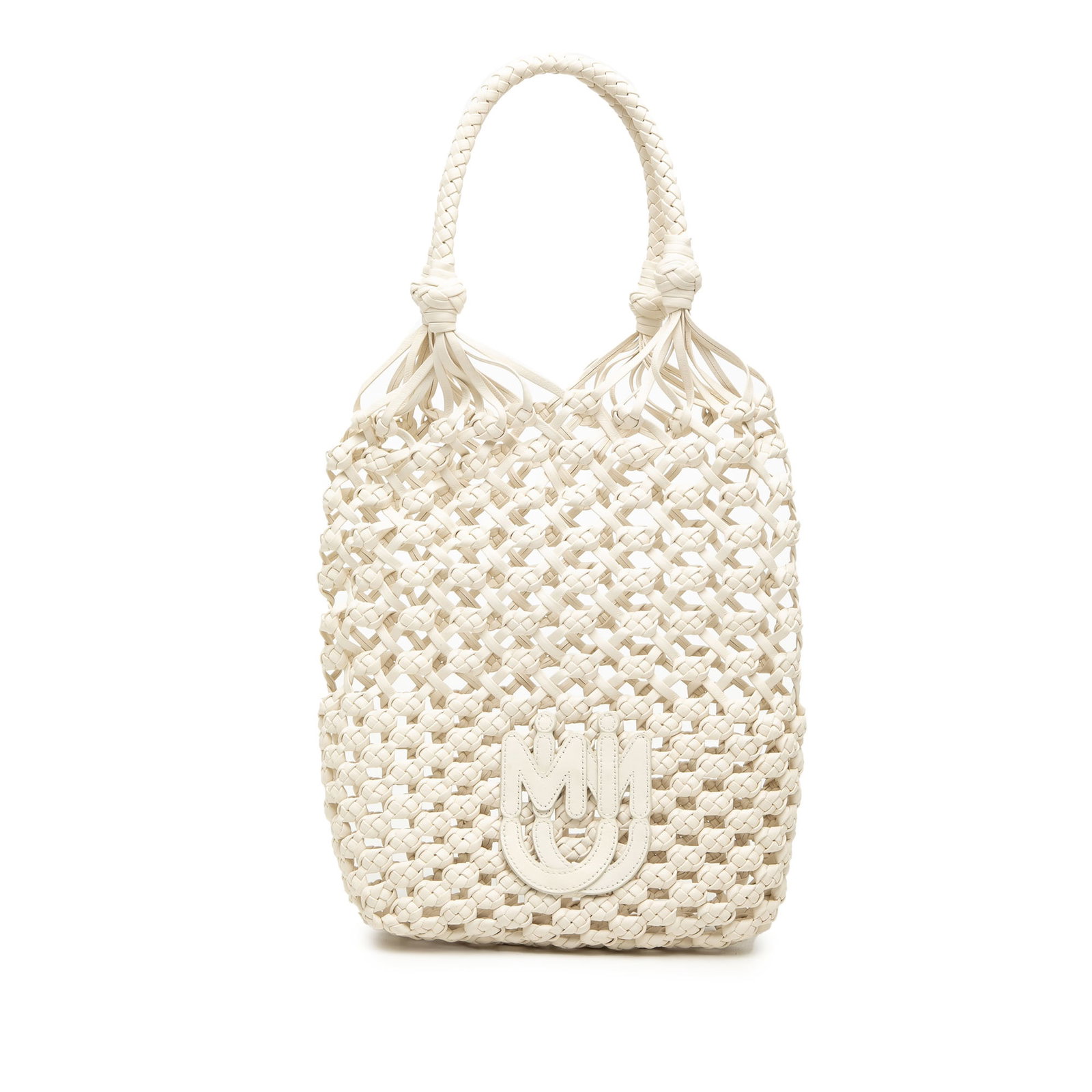 Miu Miu Nappa Macrame Leather Bucket Handbag White: Miu Miu Nappa Macrame Leather Bucket Handbag White Miu Miu Nappa Macrame Bucket Bag in white leather with a woven body, rolled top handle, and open top. Made in Italy. Includes box and card. Condition