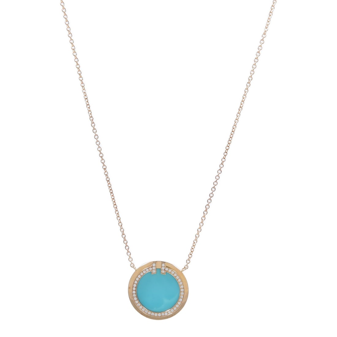 Tiffany Co T Circle Necklace in 18K Rose Gold with Diamond Turquoise: Tiffany Co T Circle Necklace in 18K Rose Gold with Diamond Turquoise Tiffany & Co. T Diamond Turquoise Circle necklace in 18K pink gold with a blue and clear design. This women's necklace features dia