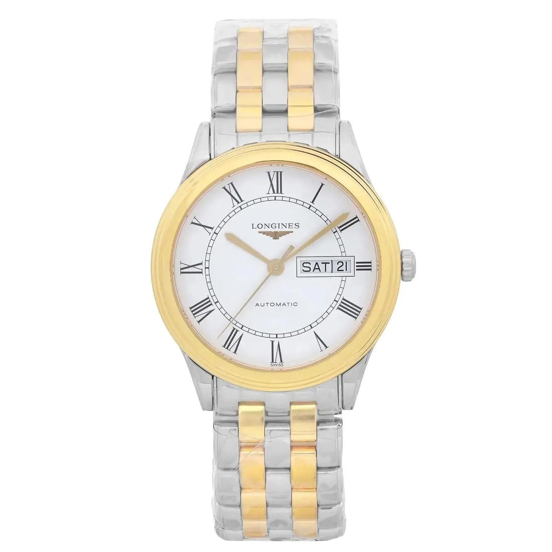 Longines Flagship Automatic Day Date Watch White Dial Steel 38.5mm L4.899.3.21.7: Longines Flagship Automatic Day Date Watch White Dial Steel 38.5mm L4.899.3.21.7 Longines Flagship automatic watch featuring a white dial with day-date display and a steel case. It comes with the orig