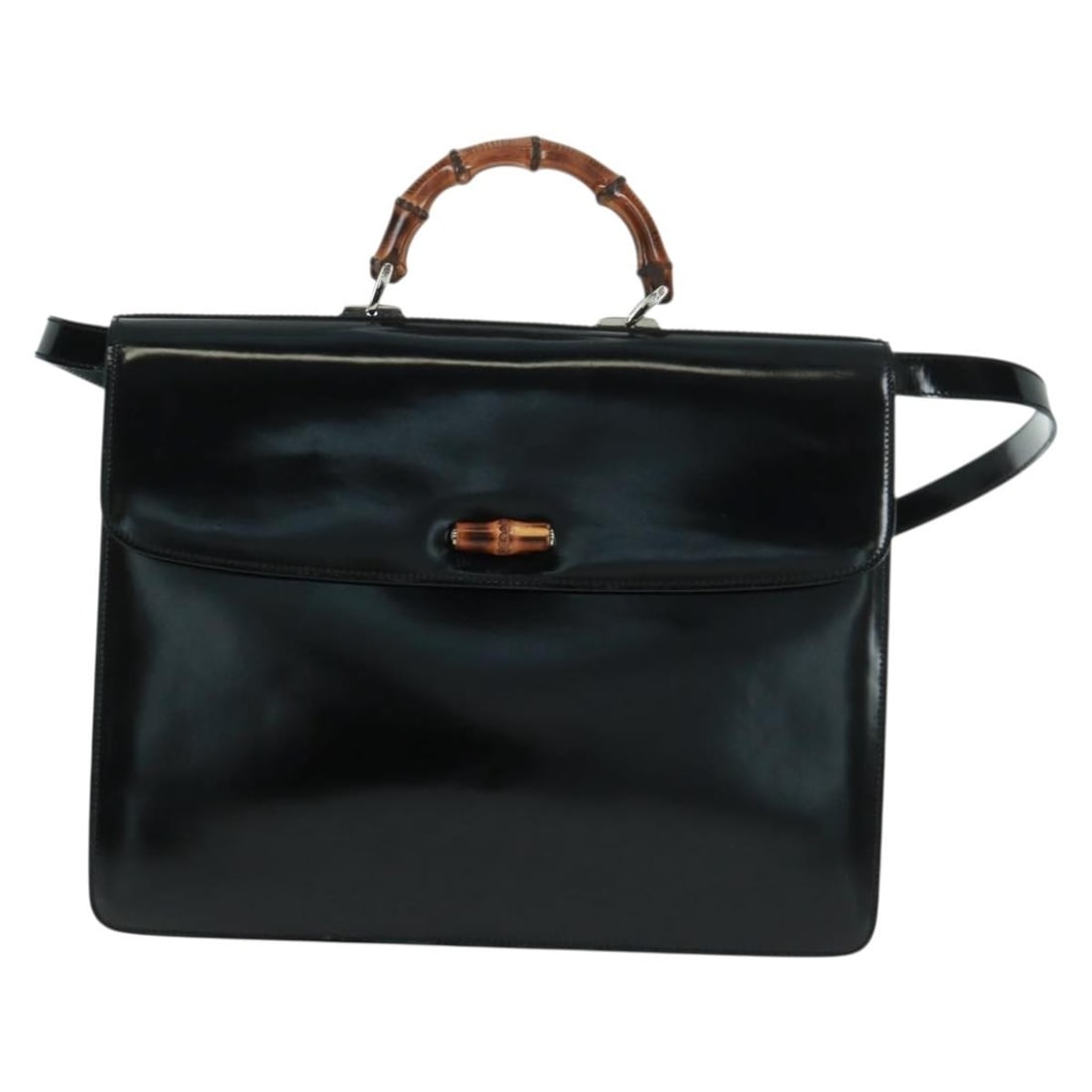 Gucci Black Patent Leather Handbag with Bamboo Handle Vintage: Gucci Black Patent Leather Handbag with Bamboo Handle Vintage This Gucci Vintage Bamboo Handle Bag is crafted from black patent leather and designed for female use. The bag features a bamboo handle an