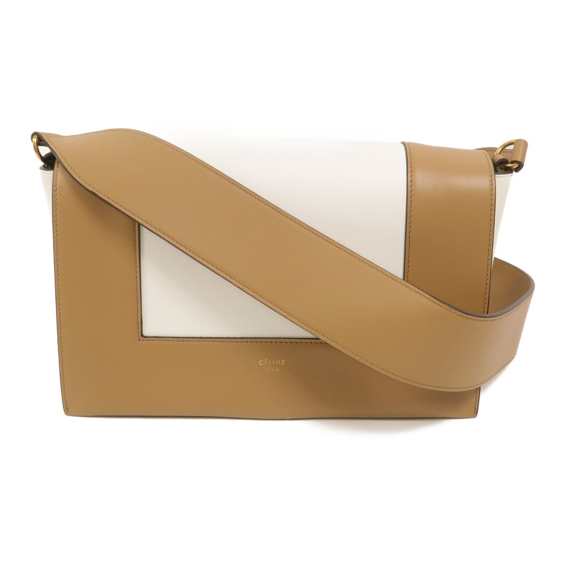 CELINE Frame 180263AQO calfskin shoulder bag beige white: CELINE Frame 180263AQO calfskin shoulder bag beige white Celine Frame shoulder bag in beige and white calfskin leather. This women's bag features a flap design with an interior zip pocket and includes