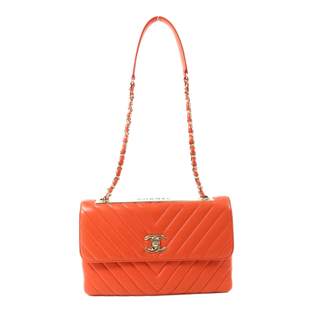 CHANEL Trendy CC Chevron Wallet On Chain Red Lambskin Shoulder Bag: CHANEL Trendy CC Chevron Wallet On Chain Red Lambskin Shoulder Bag Red lambskin wallet on chain shoulder bag from the Trendy CC line with chevron quilting and CC turn-lock closure. This women's should