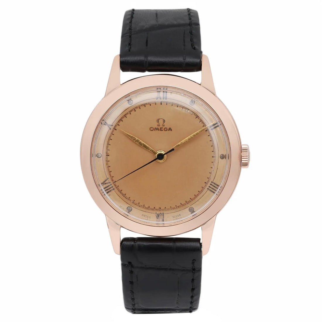 Omega 18K Rose Gold 36mm Manual Wind Vintage Watch Model 2686 with Aftermarket Strap: Omega 18K Rose Gold 36mm Manual Wind Vintage Watch Model 2686 with Aftermarket Strap This vintage Omega wristwatch features a 36 mm polished 18K rose gold round case with a champagne gold analog dial,