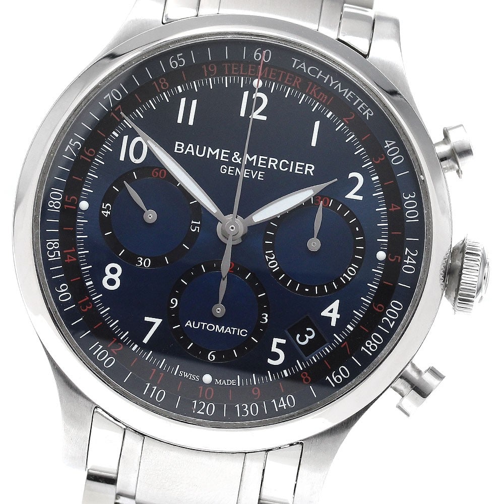 Baume and Mercier Capeland mens automatic chronograph watch M0A10066: Baume and Mercier Capeland mens automatic chronograph watch M0A10066 Pre-owned Baume & Mercier Capeland chronograph wristwatch for men with automatic movement. This stainless steel watch features a bl