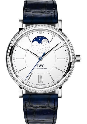 IWC IW459008 Portofino Moon Phase 37 watch silver dial leather strap: IWC IW459008 Portofino Moon Phase 37 watch silver dial leather strap IWC Portofino Automatic Moon Phase 37 wristwatch featuring a silver dial, diamond bezel, and leather strap. This watch is identifie