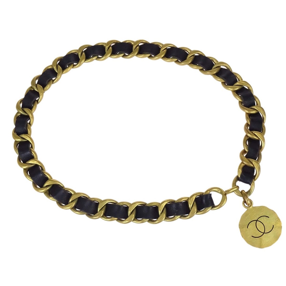 Chanel 94P womens chain belt gold plated leather medallion black (1 of 10)