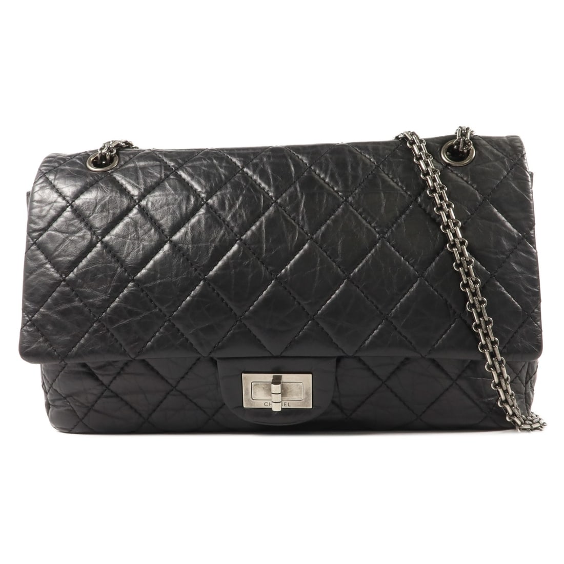 CHANEL 2.55 Maxi Shoulder Bag Black Calfskin CC SHW: CHANEL 2.55 Maxi Shoulder Bag Black Calfskin CC SHW Chanel 2.55 Maxi chain shoulder bag in black calfskin leather with CC turn-lock closure and silver-tone hardware. This women's shoulder bag features