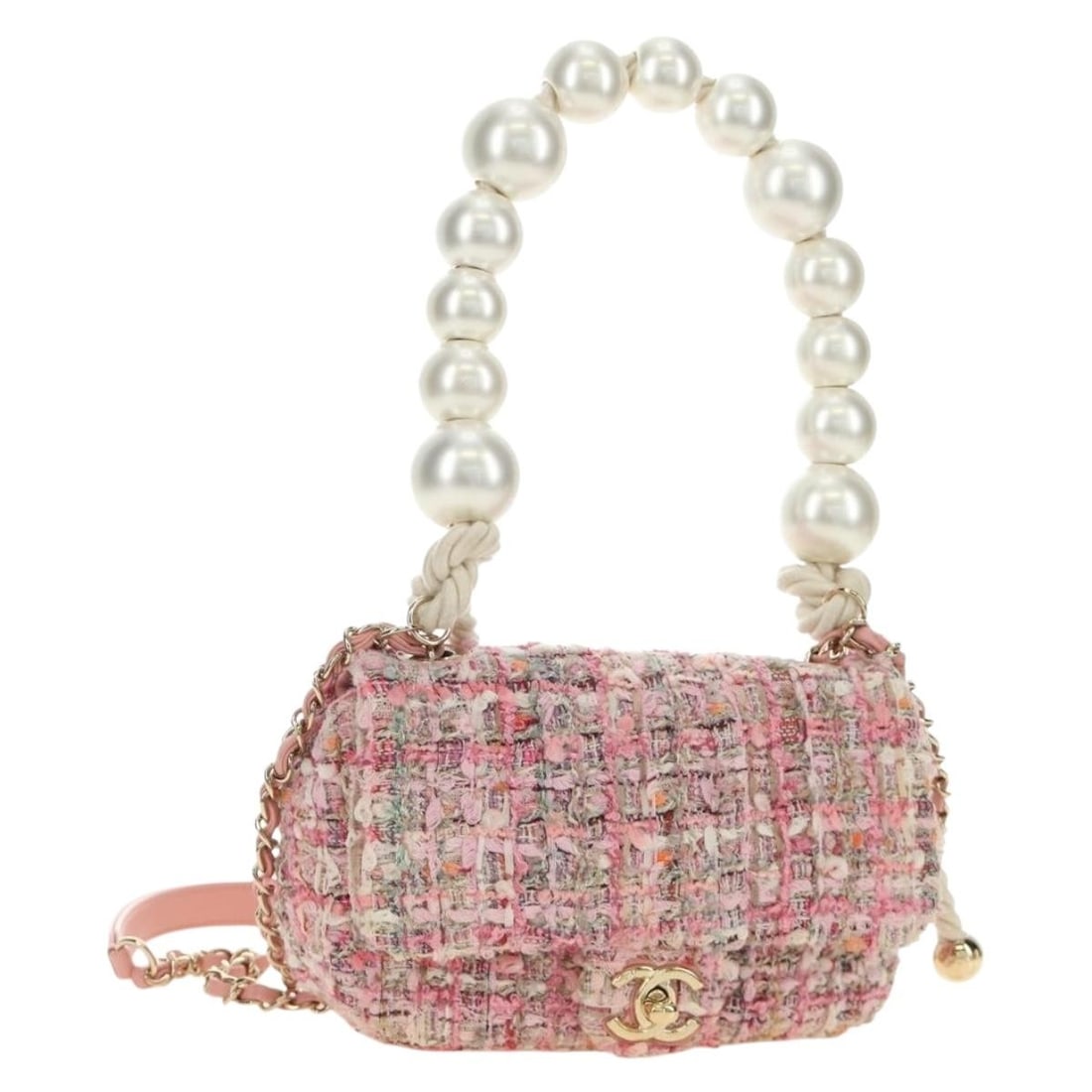 CHANEL 2way Pink Canvas Shoulder Bag with Chain Strap: CHANEL 2way Pink Canvas Shoulder Bag with Chain Strap Chanel 2-way shoulder bag in pink and gold canvas with chain detailing and CC accent. Designed for women, this bag includes a top handle and a sho