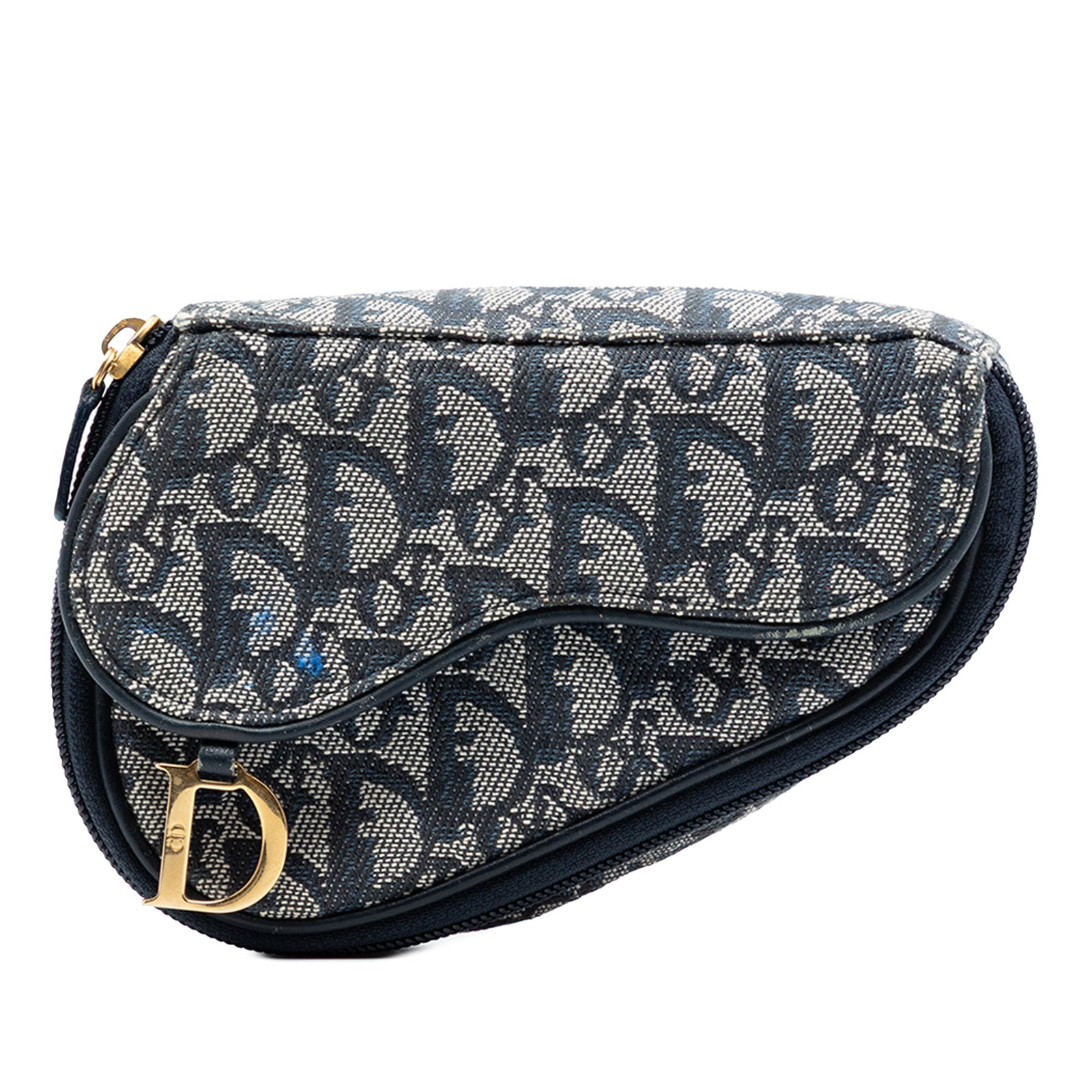 Dior Blue Canvas Saddle Pouch with Leather Trim: Dior Blue Canvas Saddle Pouch with Leather Trim Dior Diorissimo Saddle pouch in blue canvas with leather trim. This compact small leather goods piece features a front flap and a zip-around closure. Co