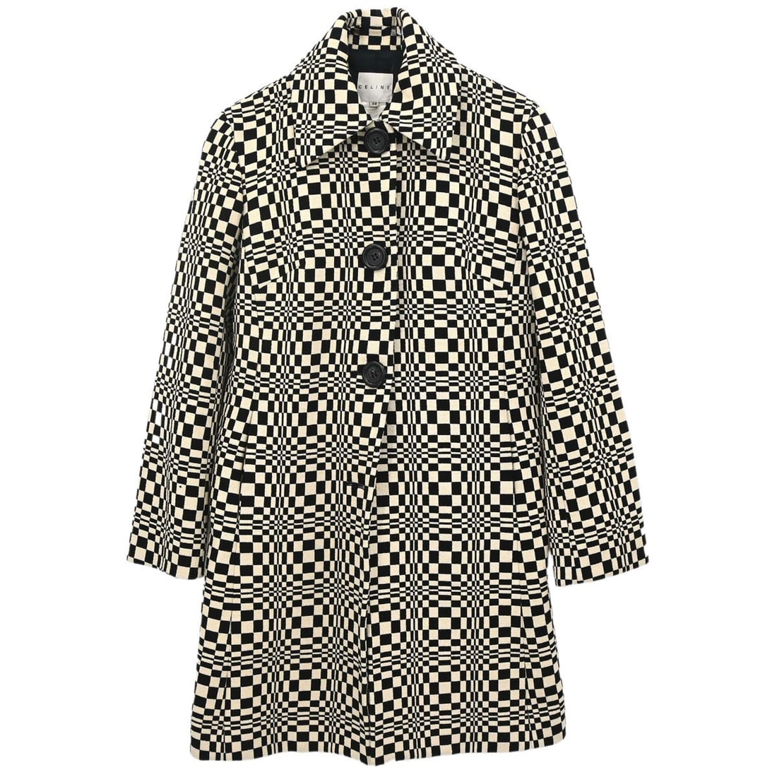 CELINE long check overcoat black white France size 38: CELINE long check overcoat black white France size 38 Vintage Celine long overcoat for women in black and white with a collarless design. This regular-fit coat is made in France and features two exter
