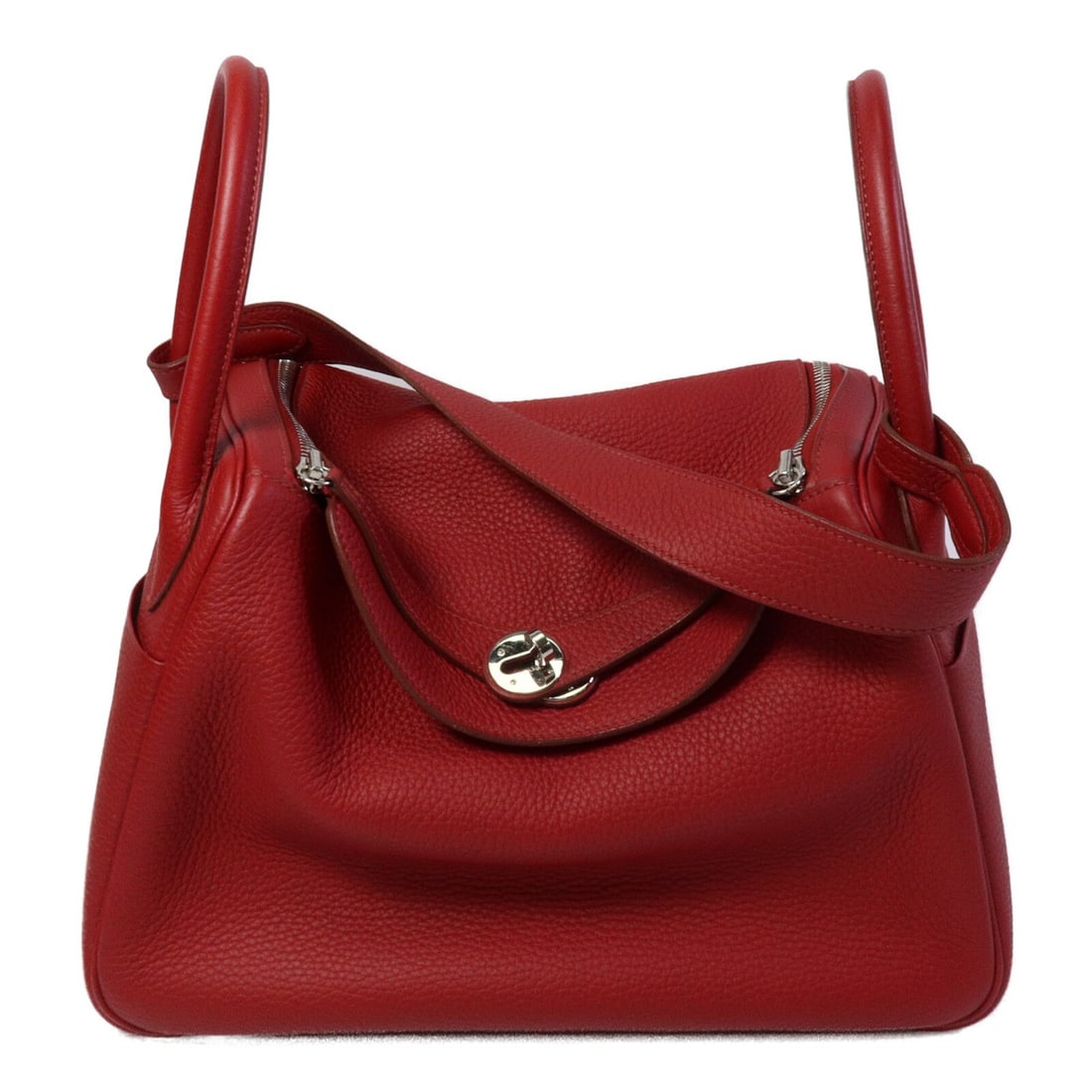 Hermes Lindy 30 Clemence Calfskin 2 Way Shoulder Bag Rouge Garance: Hermes Lindy 30 Clemence Calfskin 2 Way Shoulder Bag Rouge Garance Hermes Lindy 30 2Way Shoulder Bag in rouge garance red, made in France from Taurillon Clemence and calfskin (cowhide). This regular-s
