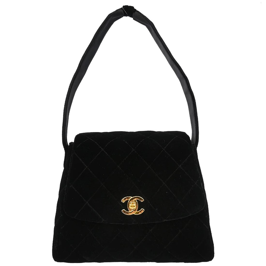 CHANEL small velvet top handle satchel black turn lock: CHANEL small velvet top handle satchel black turn lock Small Chanel satchel/top handle handbag in black velvet with a turn-lock closure and black top handle. The bag features a gold lambskin lining, o