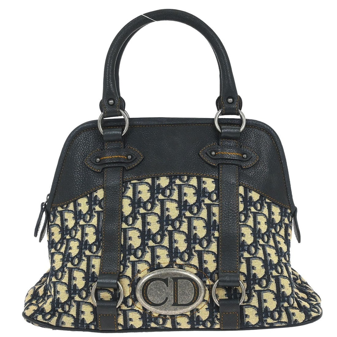 Dior Trotter Medium Top Handle Bag Navy Beige Canvas Leather: Dior Trotter Medium Top Handle Bag Navy Beige Canvas Leather Christian Dior Trotter top handle handbag in navy and beige canvas with leather trim. This medium handbag features a structured silhouette 
