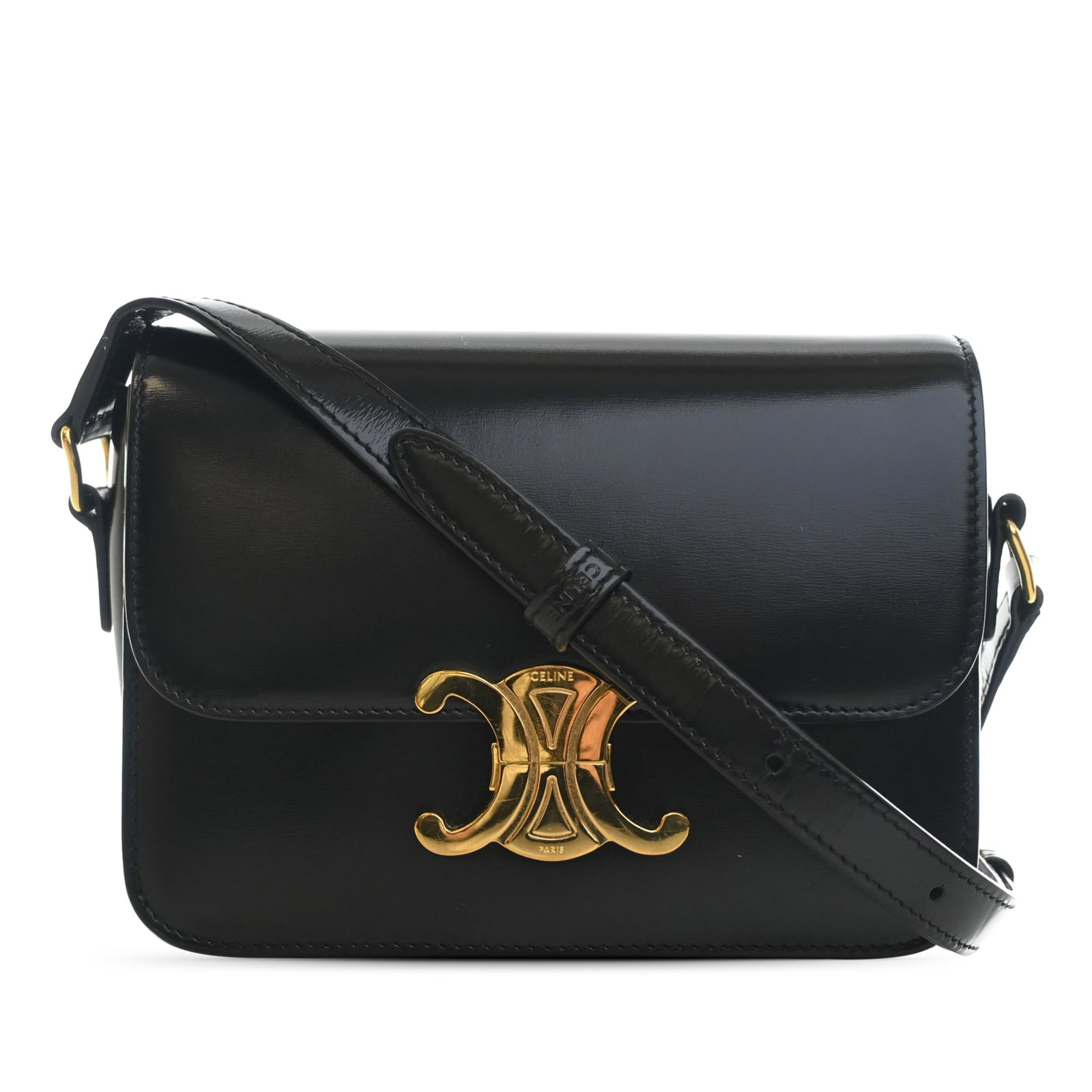 Celine Triomphe Teen Black Leather Crossbody Bag: Celine Triomphe Teen Black Leather Crossbody Bag Celine Teen Triomphe crossbody bag crafted in shiny calfskin leather with a structured flap-front design and push lock closure. The bag features an adj