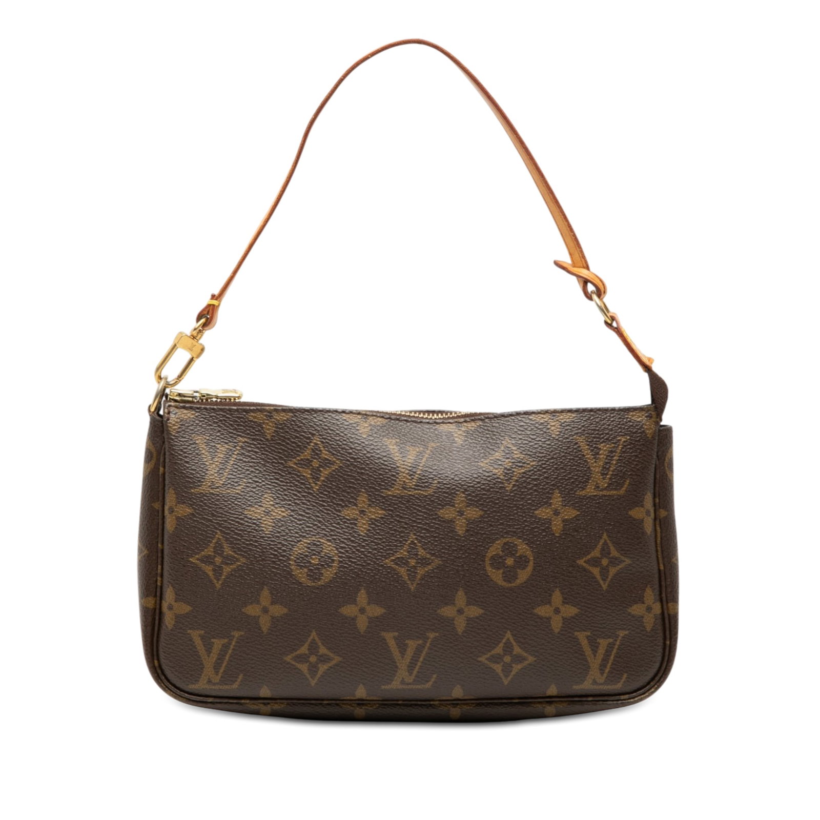 Louis Vuitton Monogram Pochette Accessoires shoulder bag: Louis Vuitton Monogram Pochette Accessoires shoulder bag Louis Vuitton Monogram Pochette Accessoires with a monogram canvas body, flat vachetta leather handle, and top zip closure. Made in France. Con