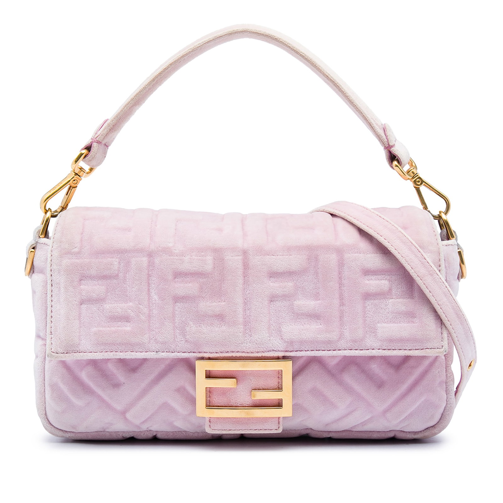 Fendi Zucca Baguette Satchel in Pink Embossed Velvet: Fendi Zucca Baguette Satchel in Pink Embossed Velvet Fendi Zucca embossed velvet Baguette satchel in pink fabric with a flat handle, detachable chain and velvet shoulder strap, front flap with magneti