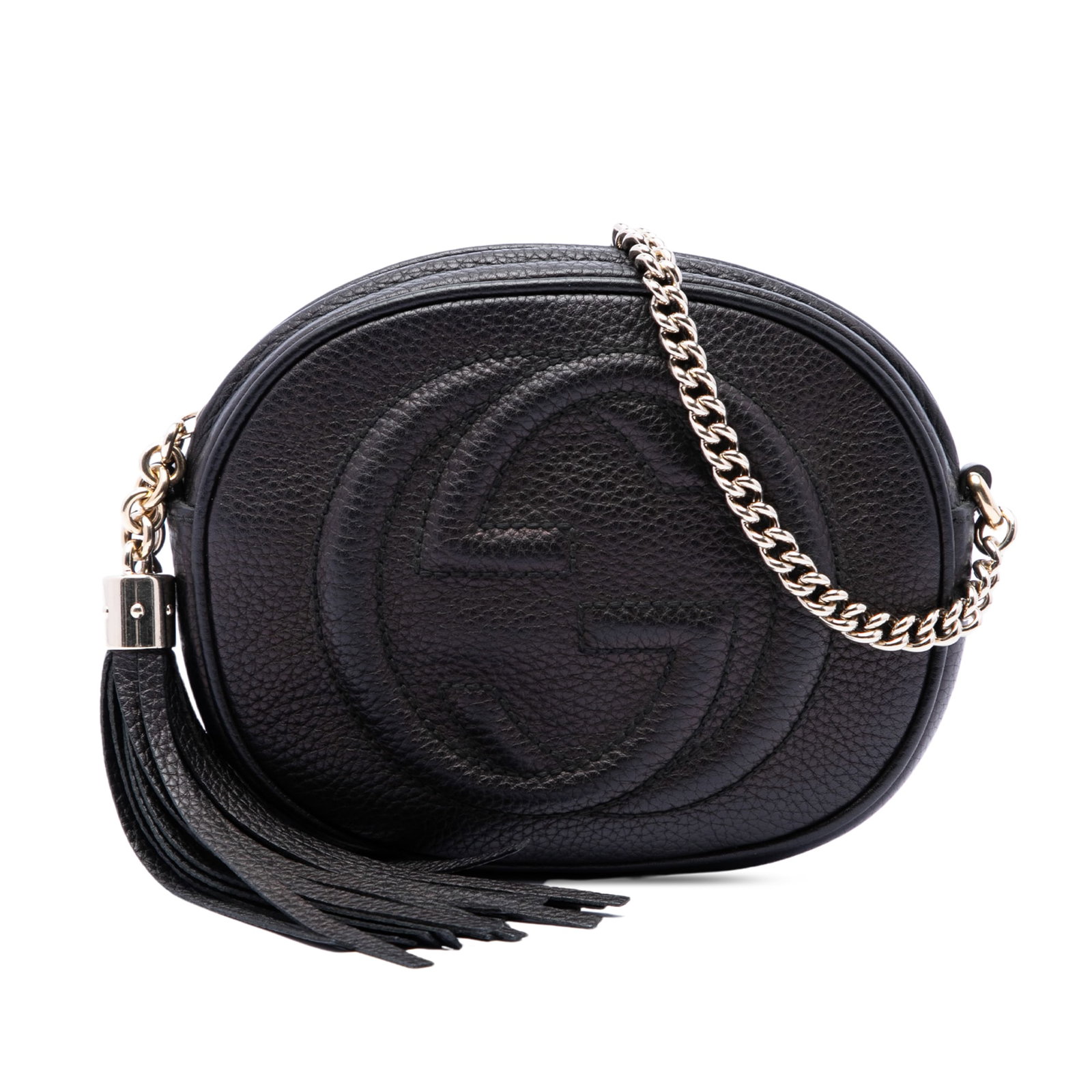 Gucci Soho Mini Chain Crossbody in Black Pebbled Leather: Gucci Soho Mini Chain Crossbody in Black Pebbled Leather Gucci Soho mini crossbody bag crafted in pebbled calfskin leather with a tassel detail and chain link strap. The bag features a top zip closure