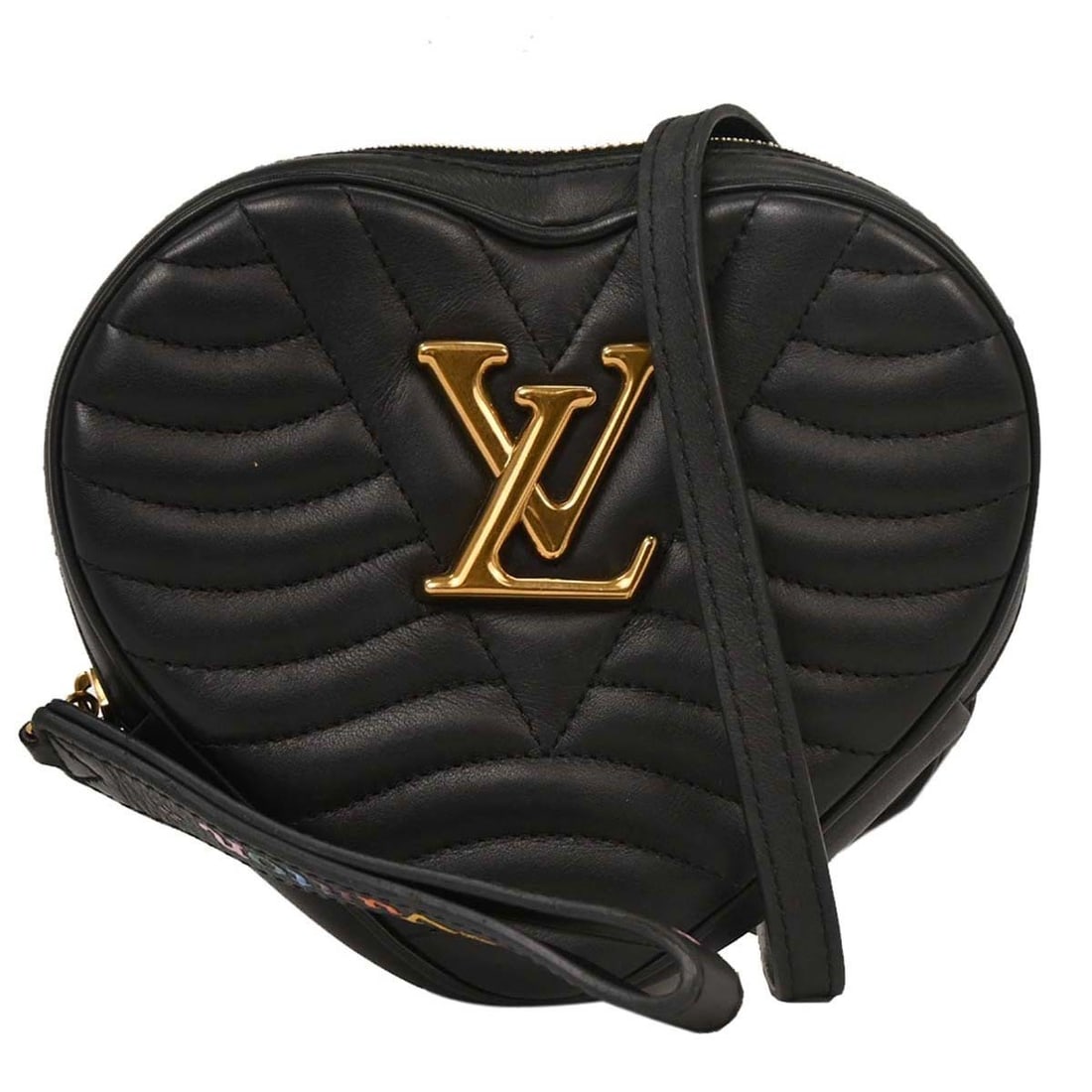 Louis Vuitton New Wave Heart Black Leather Clutch Bag M52796: Louis Vuitton New Wave Heart Black Leather Clutch Bag M52796 Louis Vuitton New Wave Heart clutch shoulder bag in black leather with logo accents. This vintage women's bag features a heart-shaped silho